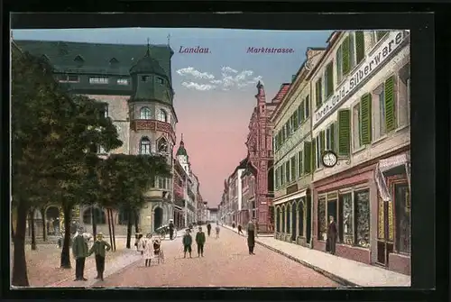 AK Landau, Marktstrasse mit Uhrengeschäft