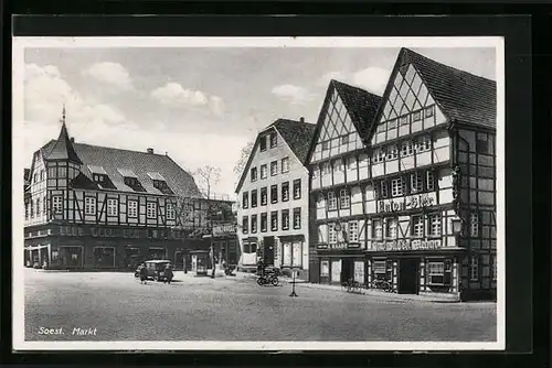 AK Soest, Markt mit Gasthaus Union-Bier und Geschäft