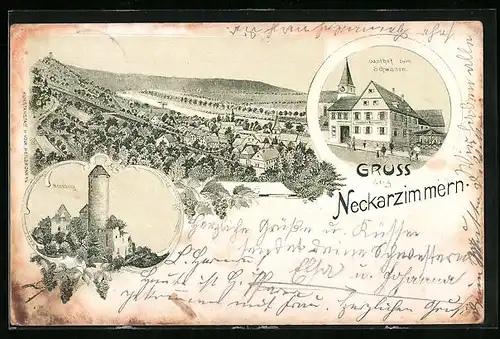 Lithographie Neckarzimmern, Gasthof zum Schwanen, Hornberg, Panorama