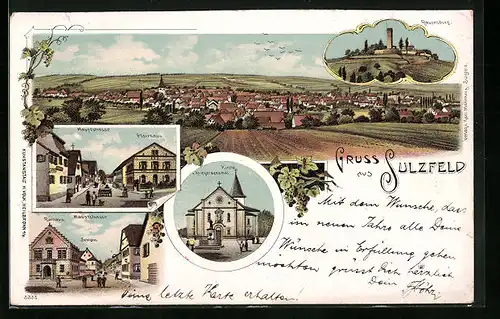 Lithographie Sulzfeld, Hauptstrasse mit Pfarrhaus, Ravensburg, Kirche