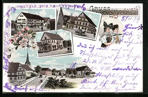 Lithographie Legelshurst, Gasthaus z. Rappen u. z. Krone, Brauerei Jockers