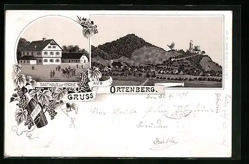 Vorläufer-Lithographie Ortenberg, 1895, Gasthaus zur Krone, Panorama