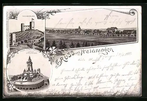 Lithographie Heldrungen, Sachsenburg, Kaiser Wilhelm Denkmal auf dem Kyffhäuser, Totalansicht