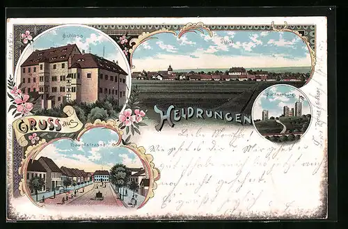 Lithographie Heldrungen, Schloss, Hauptstrasse, Sachsenburg, Totalansicht