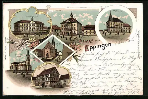 Lithographie Eppingen, Erholungsheim, Rathaus, Kaiserliches Postgebäude, Kirchen