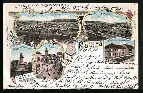 Lithographie Buchen, Burghardt Denkmal, Mühlthal, Höh. Bürger u. Gewerbeschule, Amtsstrasse, Totalansicht
