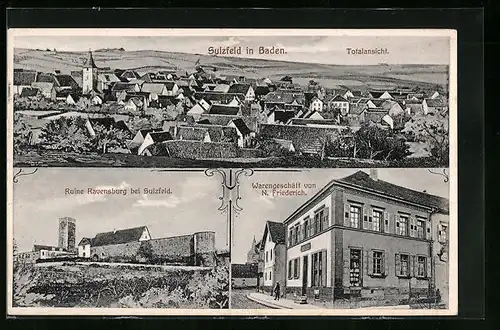 AK Sulzfeld in Baden, Ruine Ravensburg, Warengeschäft von N. Friederich, Totalansicht