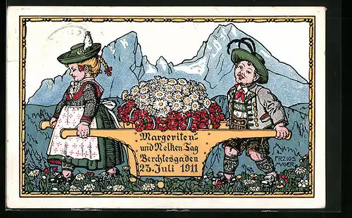 Künstler-AK Berchtesgaden, Margariten- und Nelkentag 1911, Trachtenkinder