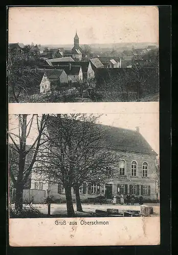 AK Oberschmon, Gasthof unter den Linden, Ortspartie aus der Vogelschau