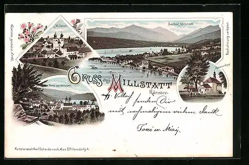 Lithographie Millstatt, Kalvarienberg, Panoramablick auf Ort und Berge