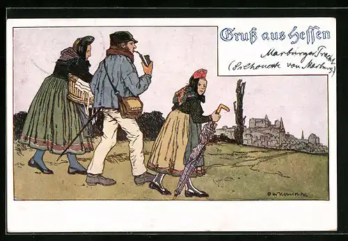 Künstler-AK Otto Ubbelohde: Familie in hessischer Tracht