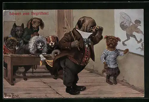Künstler-AK Arthur Thiele: Schwer von Begriff!, Dackel in der Hundeschule