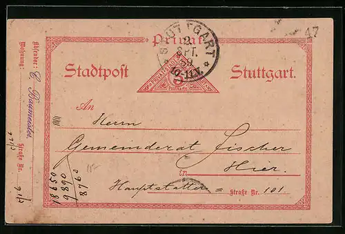AK Stuttgart, 1889, Private Stadtpost