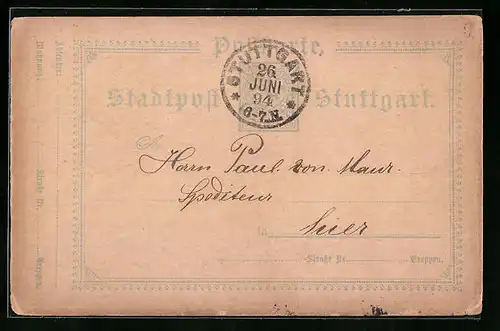 AK Stuttgart, 1894, Private Stadtpost, Postkarte