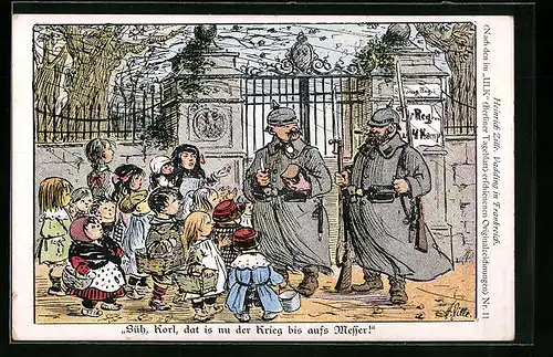 Künstler-AK Heinrich Zille: Soldaten werden im Feindesland von Kindern angebettelt