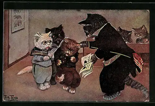 Künstler-AK Arthur Thiele: Katzenlehrer zieht einen Lauser am Ohr