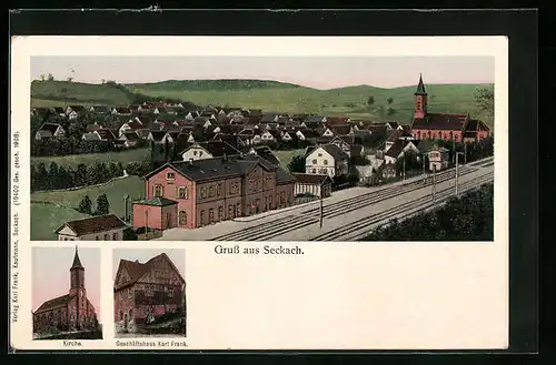 Goldfenster-AK Seckach, Geschäftshaus Karl Frank, Ortsansicht mit Bahnhof aus der Vogelschau, Kirche