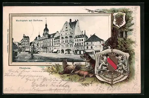 Passepartout-Lithographie Pforzheim, Marktplatz mit Rathaus, Jagdhunde mit Beute, Wappen