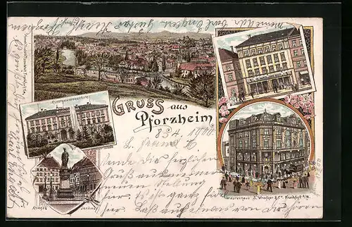 Lithographie Pforzheim, Warenhaus S. Wronker, Kunstgewerbeschule, Gesamtansicht aus der Vogelschau