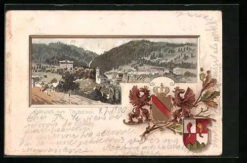 Passepartout-Lithographie Triberg, Gesamtansicht, Wappen, Drachen. Eichenlaub