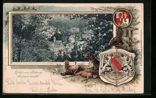Passepartout-Lithographie Triberg, Ortsansicht aus der Vogelschau, Jagdhunde mit Beute, Wappen