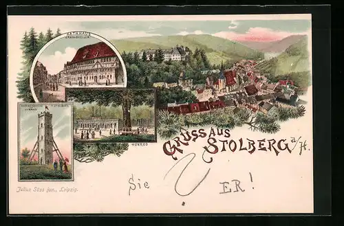 Lithographie Stolberg a. H., Rathhaus und -keller, Hunrod, Gesamtansicht aus der Vogelschau