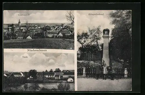 AK Niederschmon, Kriegerdenkmal, Teich, Totalansicht