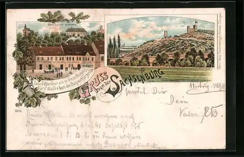 Lithographie Oldisleben, Gasthaus zu den Drei Schwänen, Sachsenburg