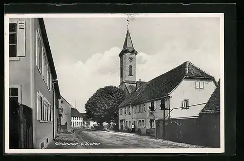 AK Gölshausen bei Bretten, Ortspartie mit Kirchturm