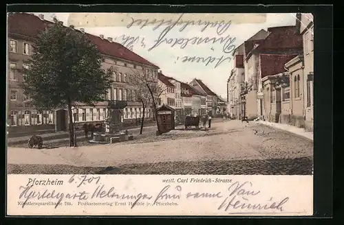 AK Pforzheim, Westliche Carl Friedrich-Strasse, mit Brunnen