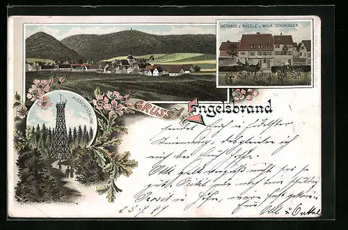 Lithographie Engelsbrand, Gasthaus zum Rössle, Aussichtsturm, Teilansicht