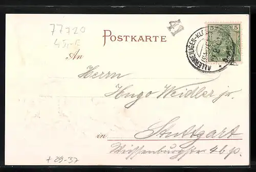 Passepartout-Lithographie Allerheiligen /Schwarzwald, Jagdhunde mit erlegtem Wild, Wappen