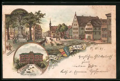 Lithographie Lahr, Urteilsplatz mit Pferdewägen, Friedrich-Schule, Sieges-Denkmal