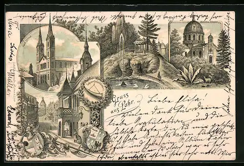Lithographie Lahr, Katholische Kirche, Christus-Kirche, Partie a. d. Stadtpark