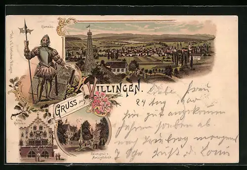 Lithographie Villingen, Reichspost und Amtsgebäude, altes Rathaus, Romeius
