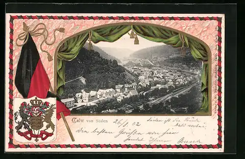 Passepartout-Lithographie Calw, Teilansicht von süden, Wappen und Fahne