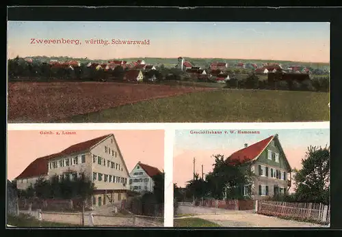 AK Zwerenberg /Württbg. Schwarzwald, Gasthaus zum Lamm, Geschäftshaus v. W. Hammann, Teilansicht