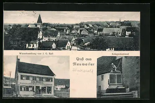 AK Neuweiler, Warenhandlung von J. G. Rall, Kriegerdenkmal, Teilansicht