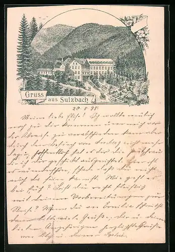 Vorläufer-Lithographie Sulzbach, 1895, Totalansicht mit Bad