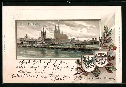 Passepartout-Lithographie Köln, Totalansicht mit Brücke, Wappen