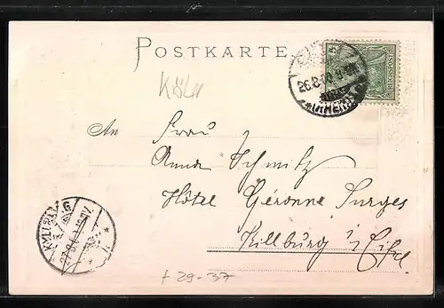 Passepartout-Lithographie Köln, Totalansicht mit Brücke, Wappen