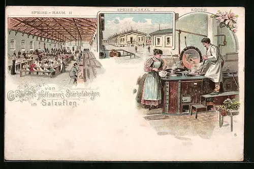 Lithographie Salzuflen, Hoffmann`s Stärkefabriken, Speise-Saal u. Küche