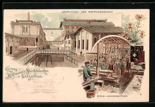 Lithographie Salzuflen, Hoffmann`s Stärkefabriken, Holz-Bearbeitung