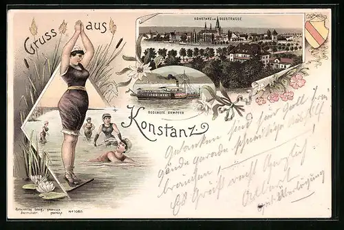 Lithographie Konstanz, Bodensee Dampfer, Totalansicht v. d. Seestrasse, Bademode