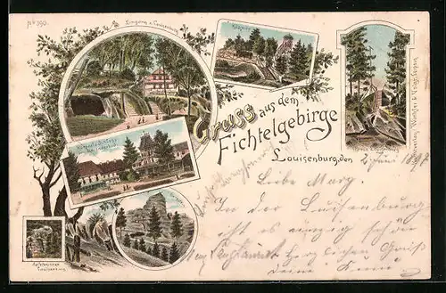 Lithographie Wunsiedel, Louisenburg, Kösseine, Kursaal und Schloss im Alexanderbad