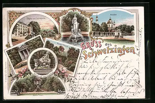 Lithographie Schwetzingen, Moschee, Apollo-Tempel, Mercur-Tempel