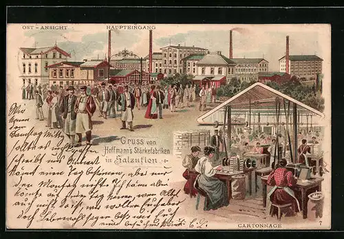 Lithographie Salzuflen, Hoffmann`s Stärkefabriken, Haupteingang, Cartonnage