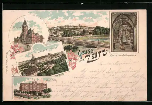 Lithographie Zeitz, Neue Post, Stadtschule, Schloss Moritzburg
