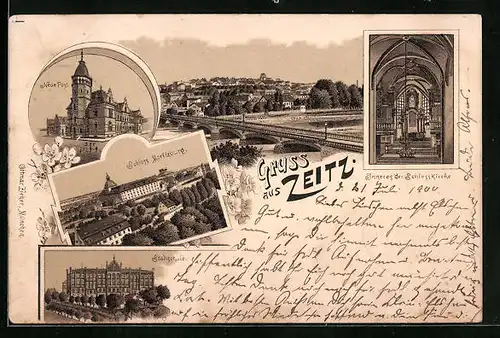 Lithographie Zeitz, Neue Post, Schloss Moritzburg, Stadtschule