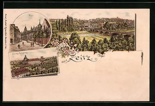 Lithographie Zeitz, Post, Schloss Moritzburg, Totalansicht